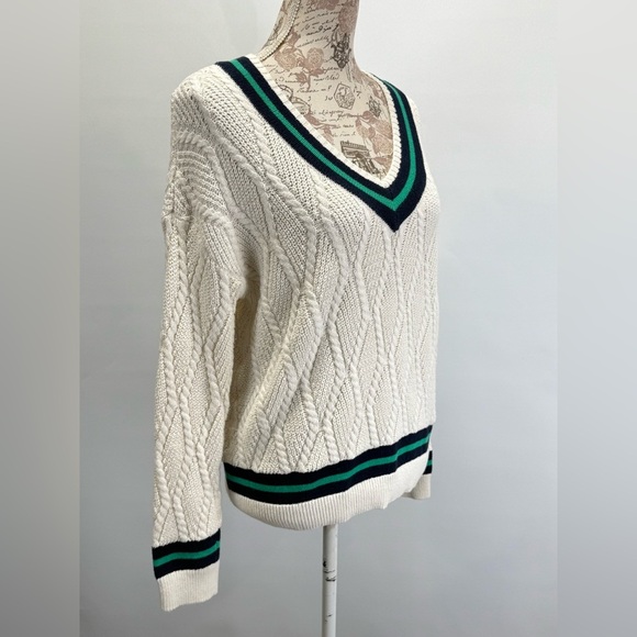 NICOLE MILLER Cream w/ navy & green trim V-Neck Cable Knit Sweater size M - Picture 6 of 12